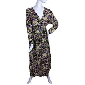 Vintage 90s Basics Floral Maxi Dress Large Long Sleeve Floral Print Purple Cream